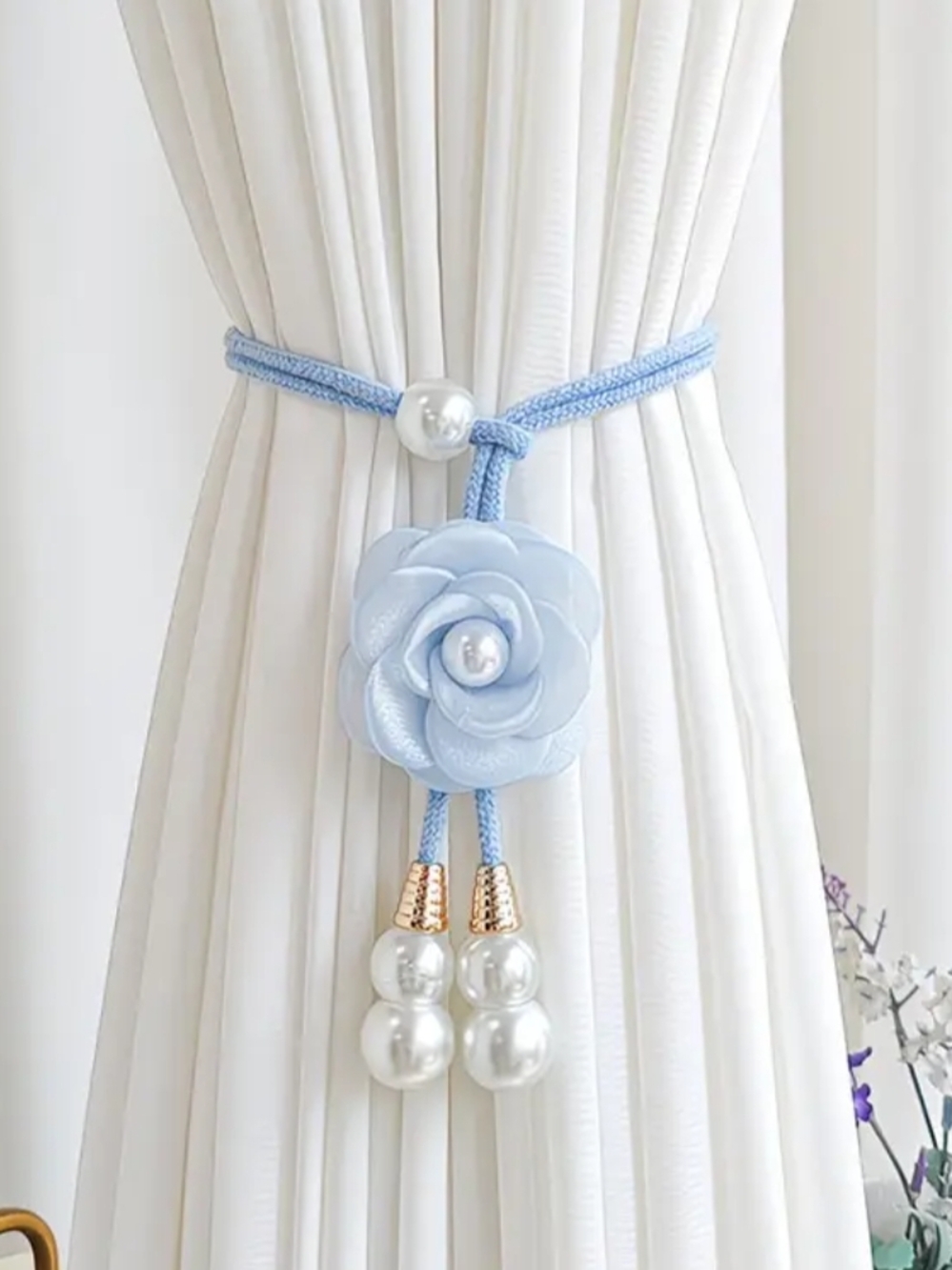 Blue Floral Pearl Curtain Tieback with Rose Accent